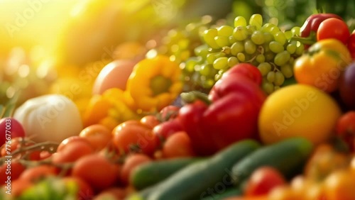 A colorful array of fruits and vegetables on display warmed by the light of the setting sun.