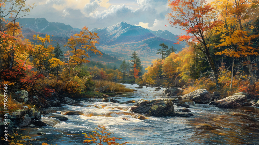 A charming stream winding through a valley, surrounded by far-off mountains and vibrant fall colors.