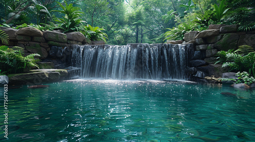 A gentle waterfall cascading into a serene pool, surrounded by lush greenery.