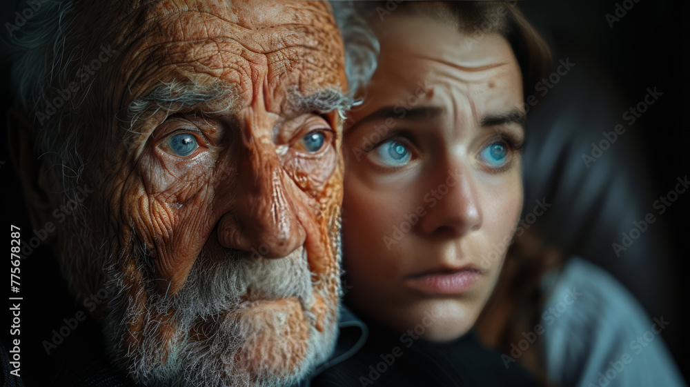 A grandfather crying, facing a woman lying on her side,generative ai A grandfather crying, facing a woman lying on her side,generative ai