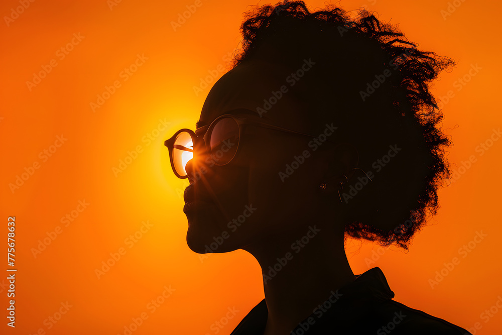 a silhouette of a person wearing glasses against a bright orange background with the sun shining through the lens of the person's head to the left of the image. a silhouette of a person wearing glasses against a bright orange background with the sun shining through the lens of the person's head to the left of the image.