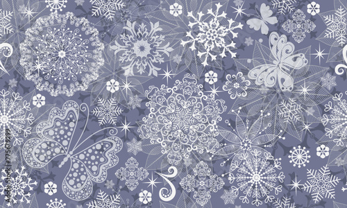 Vector seamless hand drawn silvery christmas  pattern with white butterflies and snowflakes and stars