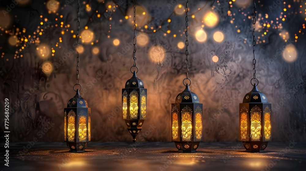 Islamic greeting Eid Mubarak cards for Muslim Holidays. Eid-Ul-Adha festival celebration. Arabic Ramadan Lantern .Decoration lamp, Blurred background, golden bokeh lights. Eid ul Fitr  ai generated  - obrazy, fototapety, plakaty 