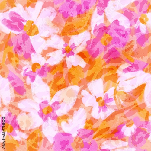 Abstract Hand Drawing Digital Painting Poppy Peony Flowers and Leaves with Furry Leopard Skin Texture Seamless Textile Pattern with Tie Dye Batik Background