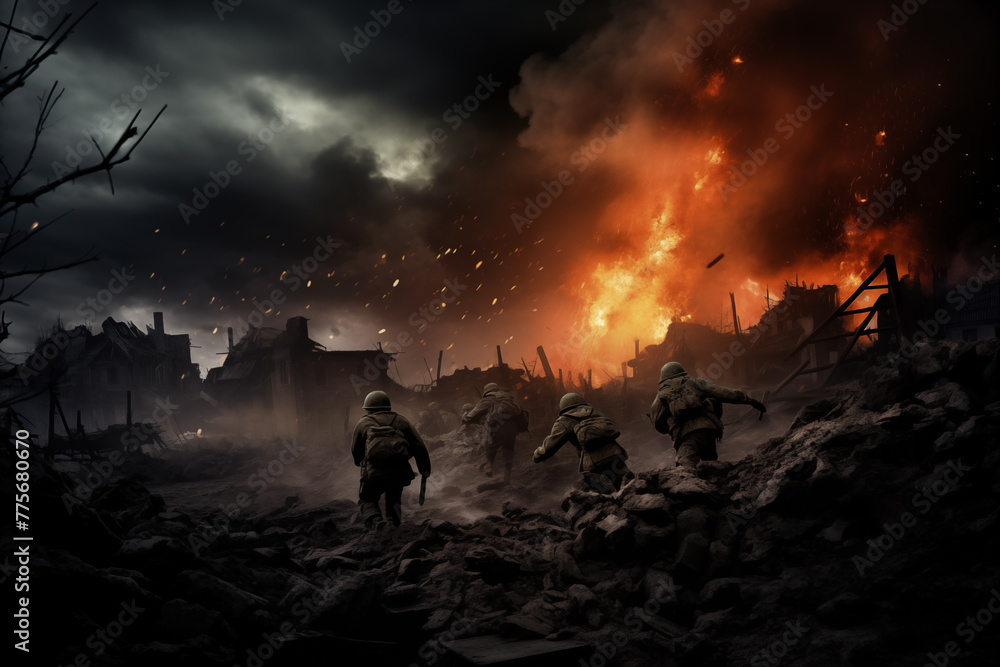 A war scene with soldiers moving through a devastated urban environment. Smoke and flames rise from the rubble, suggesting recent destruction. The atmosphere is intense and chaotic. Generative AI