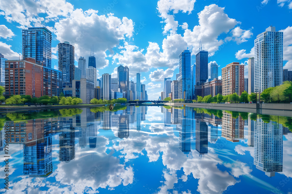 a city with a lot of tall buildings and a reflecting pool of water in the middle of the street in front of it is a blue sky with white clouds. - obrazy, fototapety, plakaty 