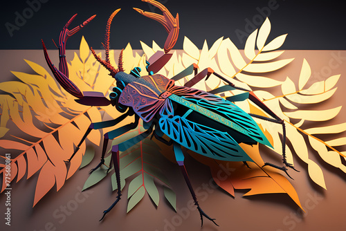 An artwork taken from a piece of paper that depicts a stag beetle perched on top of a heap of leaves.