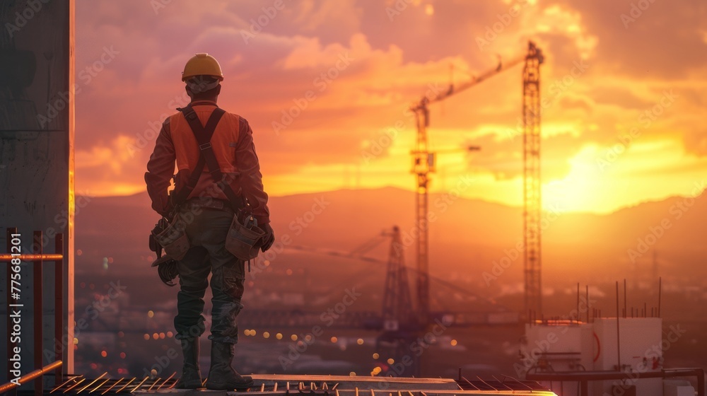 A worker in a uniform and helmet stands on the roof of an industrial building, looking at the construction site with steel beams against the backdrop of mountains, forests and sun rays