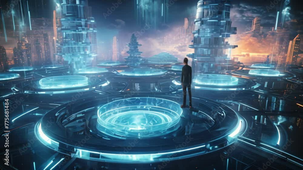 A man stands in awe as he gazes at a futuristic city, with tall ...