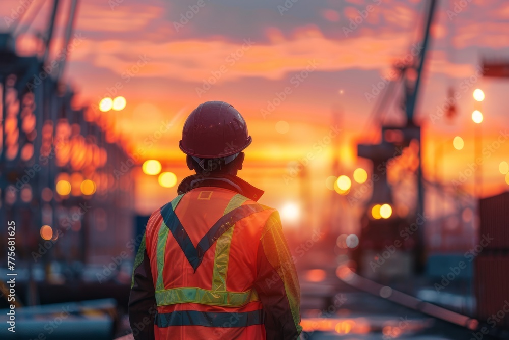 Back view of an engineer wearing a safety vest and helmet standing at a steel factory yard with cranes, containers, and a raw iron seamless background with sunset light with a bokeh effect Back view of an engineer wearing a safety vest and helmet standing at a steel factory yard with cranes, containers, and a raw iron seamless background with sunset light with a bokeh effect