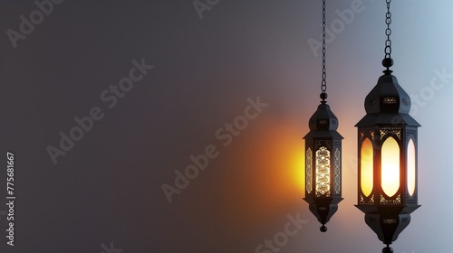 Eid Mubarak banner. Arabic lantern and misbaha on white and black background