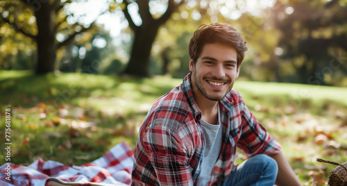 young handsome man or student sitting in the park on a picnic blanket in a good mood in nature © Steffen Kögler
