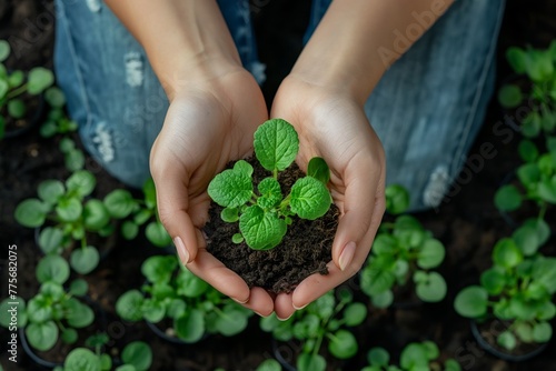 Top view of womans hands hold seedlings while gardening and replanting plants