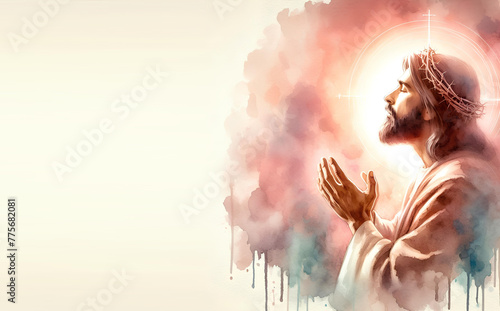 illustration of the Jesus Christ in worship in watercolor with copy space photo