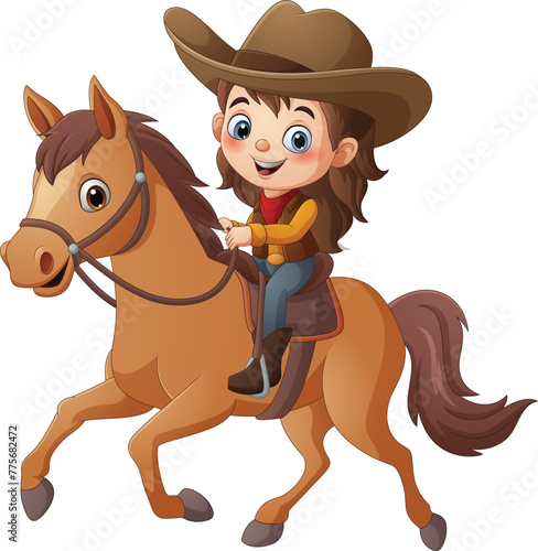 Cartoon young cowgirl riding on a horse © tigatelu