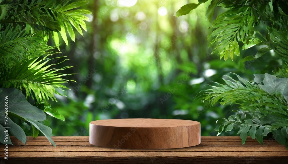 Jungle Retreat: Wooden Counter Podium Set Against Blurred Forest Greenery for Organic Product Presentation