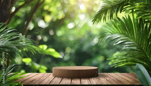 Tropical Tranquility: Outdoor Wooden Podium Display with Green Plant Background for Natural Product Placement
