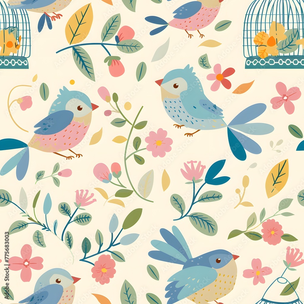 Cute cartoon birds in birdcages with flowers and leaves patterned background in pastel colors, seamless pattern