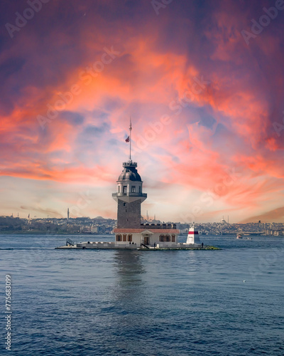 Maiden's Tower in Istanbul, Turkey with dramatic red sunset sky landscape