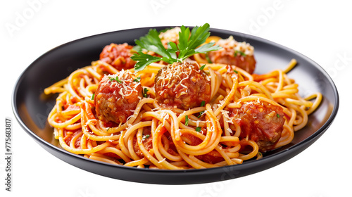 Spaghetti and meatballs on black plate, isolated on white background