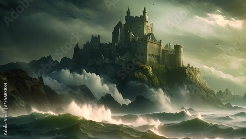 Fantasy landscape with castle in the sea. 3D illustration, A cliff-top castle overlooking a rough sea under stormy skies, AI Generated