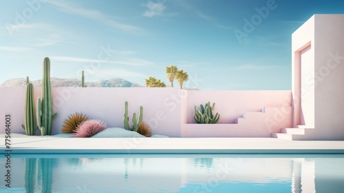 tourist background, blue water of the pool against the background of the snow-white walls of a luxury hotel with cacti