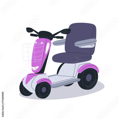 Electric motorized shopping cart, supermarket and store motor electro transport for people with disabilities. E-scooter with basket and seat. Flat vector illustration isolated on white background