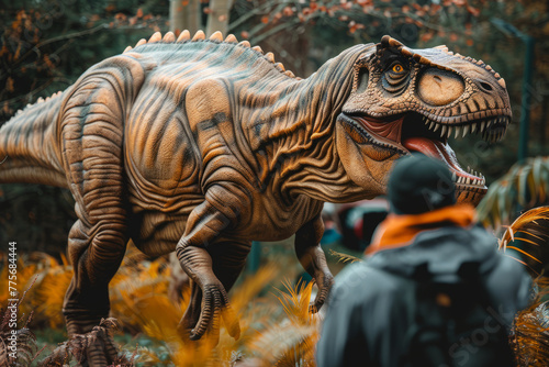 man as a nature photographer missing the moment when a furry epic T-Rex in feather generative ai