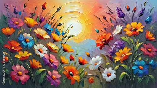 beautiful wild flowers against the background of sunrise. flowering field pai...