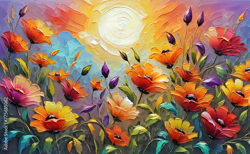 beautiful wild flowers against the background of sunrise. flowering field painted with oil paints photo