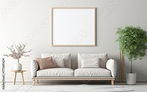 Minimalistic interior design. Stylish living room interior style with mock up frame above single sofa. Wood, plants, natural off white colors. AI Generative.