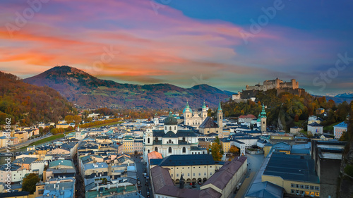 Photography Autumn season at a historic city of Salzburg with Salzach river in beautiful sun