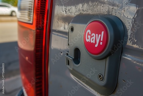 Red button on a SUV's tailgate that says 