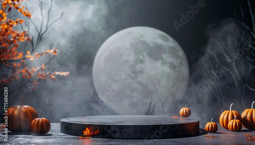 3d podium product presentation with halloween background and smoke and moon in scene, spooky halloween backdrop photo