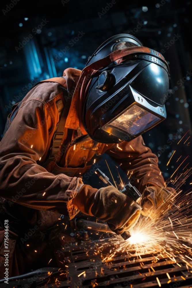 A welder is actively working on a piece of metal, creating sparks as they fuse the materials together. The intense light illuminates their protective gear and the work area