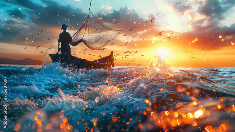 Fototapeta premium fisherman with a fishing net at sunrise,generative ai