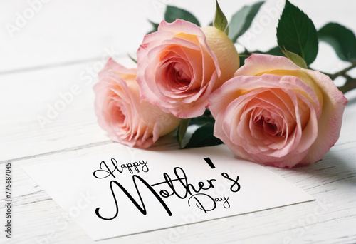 Mother's day wish with flower on white wood background - Happy mother's Day roses, greeting card