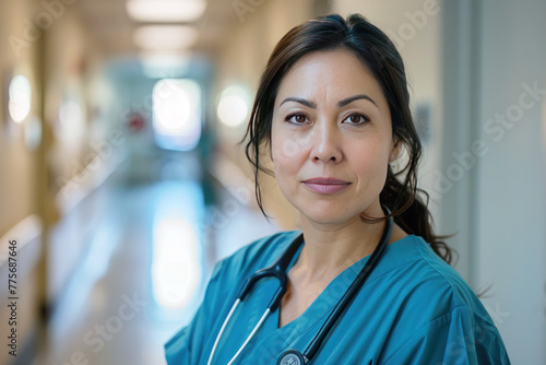 A female nurse in scrubs with a stethoscope in a hospital