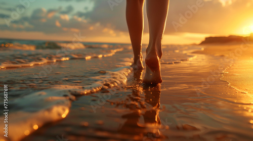 bare feet walking in sunset at the beach