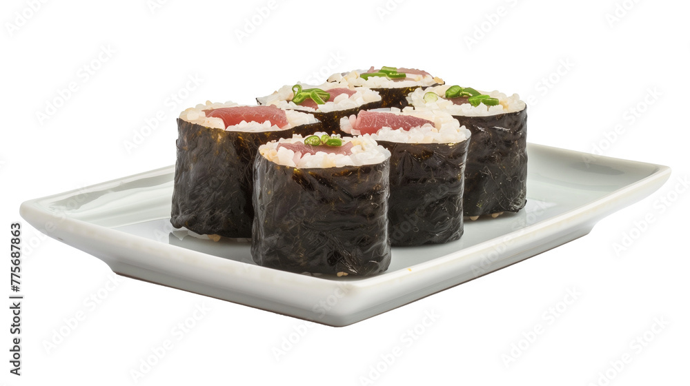 Sushi japanese food on plate serving, isolated on white background