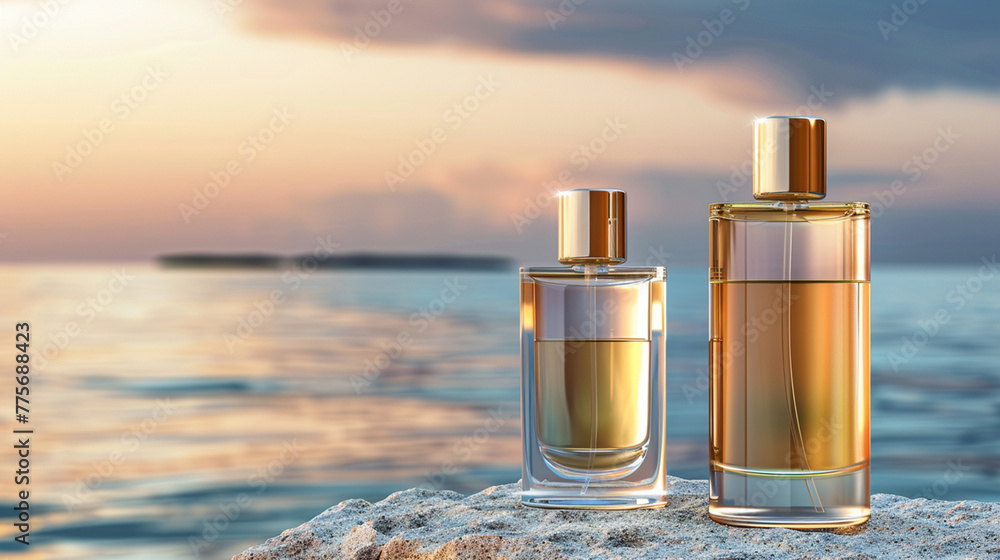 Generic luxury gold perfume mockup glass bottle on rock ultra 4k, Generic luxury gold perfume mockup glass bottle on rock ultra 4k,
