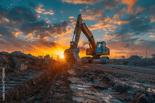 Large Industrial Excavator Digging Trench on Construction Site During Beautiful Sunset