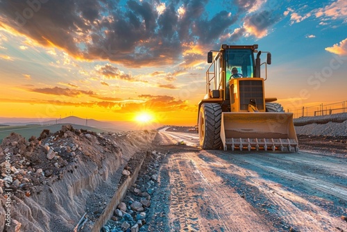 Large yellow earthmover moving earth at construction site during beautiful sunset