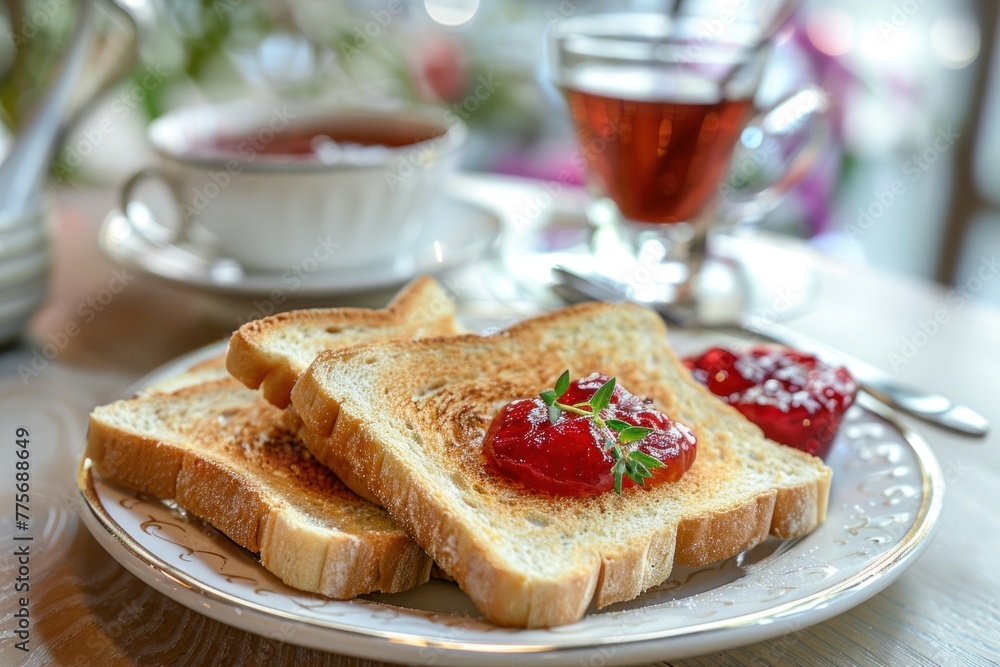 Toast with jam and tea on the table. Cup and glass on the blurred background Toast with jam and tea on the table. Cup and glass on the blurred background