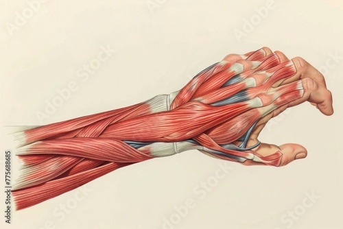 Detailed illustration of the human forearm and hand muscles and tendons