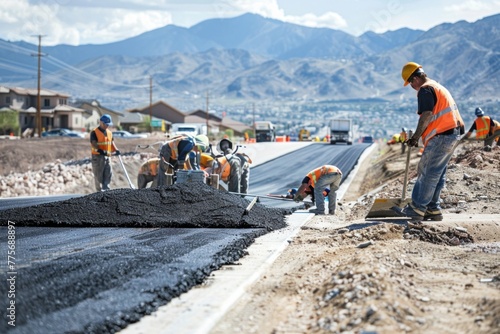 Road Construction Crew Paving New Asphalt on Roadbed in Las Vegas, Nevada, USA