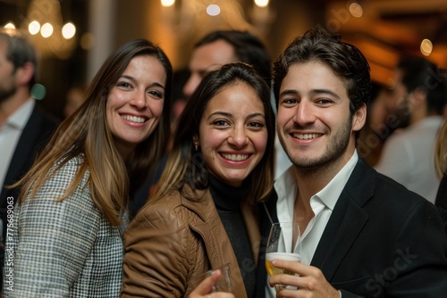 Three young professionals networking happily during a business social gathering