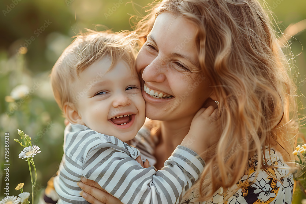 A joyful moment captured as a happy mother and her little son share laughter together, radiating warmth and love, ideal for family-themed concepts A joyful moment captured as a happy mother and her little son share laughter together, radiating warmth and love, ideal for family-themed concepts