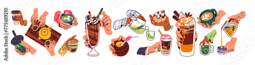 Female hands with hot drinks set. Women hold cup of coffee with cream, matcha. People pour beverage from teapot into teacup, brew herbal tea. Flat isolated vector illustration on white background