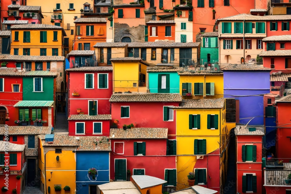 A close-up shot of Vernazza village's colorful buildings, revealing their unique details and textures, in full ultra HD resolution